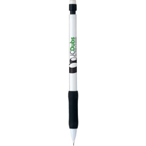 A grey-lead pencil with a white body, a black rubber grip, and a logo printed on it.