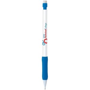 A blue and white Matic Grip Pencil with a rubber grip and a logo on the barrel.