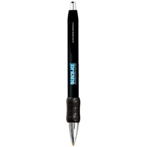 A black metal grip pen with a chrome finish and a textured black grip, featuring a branding logo.