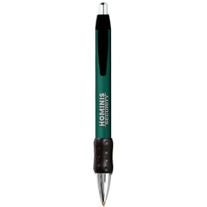 A green metal pen featuring a chrome grip and a black textured grip section, with branding on the barrel.