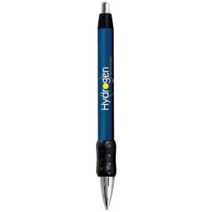 A metal pen with a wide body and chrome grip, featuring a blue barrel and black rubber grip. It includes a logo.