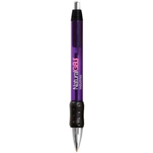 A purple metal grip pen with a black rubber grip, featuring a logo on the barrel.