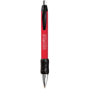 A red metal grip pen with a black rubber grip and a chrome clip, featuring a branding logo.