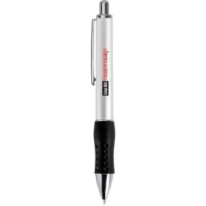 A silver retractable pen with a black rubber grip and a logo.