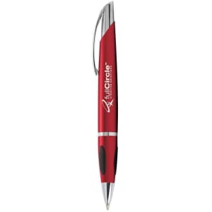 A red pen with a silver clip and grip, featuring a logo on the barrel.