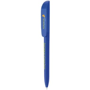 A blue pen with a clip featuring a logo and a green accent on the barrel.