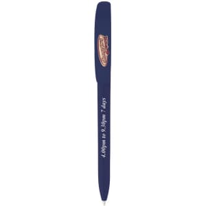 A navy blue Bic Super Clip pen with a logo. The pen features a clip for easy attachment.