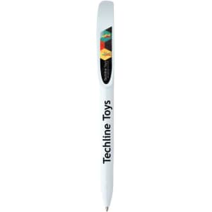 A white pen with a logo, featuring a sleek design and a clip for easy attachment.
