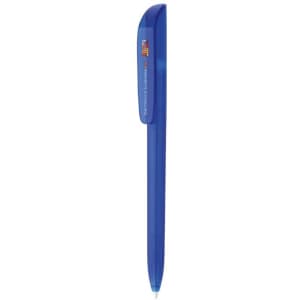 A blue plastic pen with a smooth finish and a clip, featuring a logo on the side.