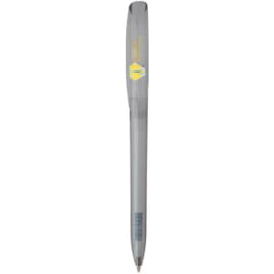 A grey plastic pen with a transparent barrel and a logo on the side.