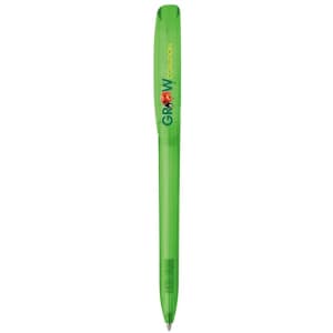 A green plastic pen with a transparent body and a branded logo.