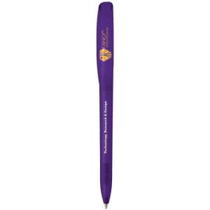 A purple Bic Super Clip pen featuring a logo and a comfortable grip.