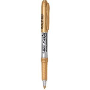 A gold metallic permanent marker with a silver barrel and a clip at the top, featuring a logo.