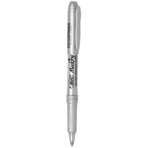 A metallic silver permanent marker featuring a textured grip and a logo on the barrel.
