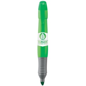 A green highlighter pen with a grey grip and a logo.