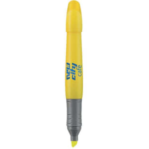 A highlighter pen in bright yellow with a grey grip. It features a logo on the body.
