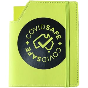 A lime green leatherette cover with an elastic band and a circular logo on the front. Includes a notebook inside.