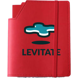 A red leatherette notebook with an elastic band and a pocket, featuring a logo and the word "LEVITATE".
