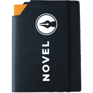 A black leatherette notebook cover with an orange insert and a logo on the front, featuring an elastic strap.