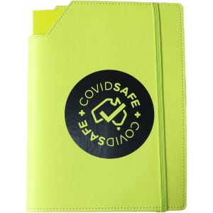 A large, bright yellow leatherette notebook cover with an elastic band and a circular logo on the front.