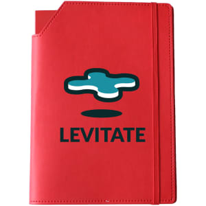 A red leatherette notebook cover featuring a logo and an elastic band closure.