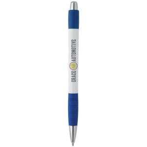 A white pen with a blue grip and silver accents, featuring a logo on the barrel.