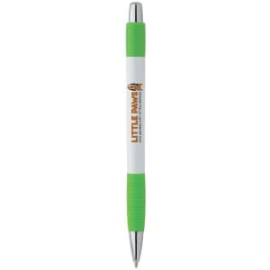 A white and green pen with a grip, featuring a logo. The pen has a silver clip and tip.