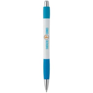 A white pen with a blue grip and silver accents, featuring a logo on the body.