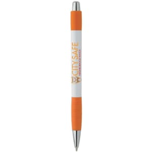A white pen with orange accents and a textured grip. It features a logo on the barrel.
