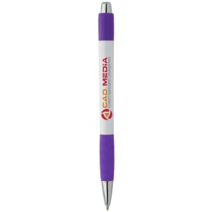 A white pen with a purple grip and silver accents, featuring a logo on the barrel.