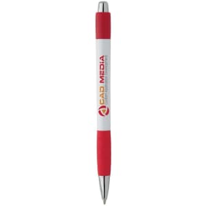 A white pen with a red grip and a branding logo. It features a shiny silver clip and tip.