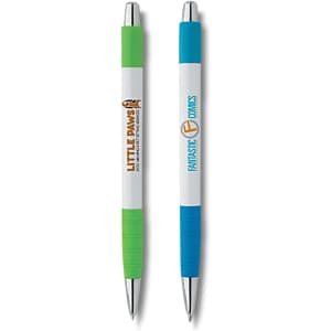 Two white pens featuring green and blue grips, each with a logo, placed side by side on a white background.
