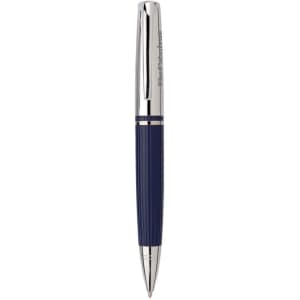 A navy blue stylus pen with chrome accents and a logo on the barrel.