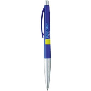 A blue and silver metallic pen with a grip and a logo on the side.