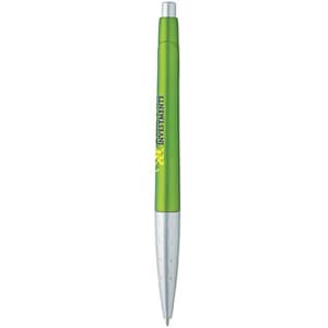 A metallic pen with a bright green barrel and silver accents, featuring a logo on the barrel.
