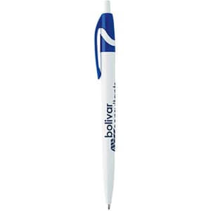 A plastic pen with a white barrel and blue accents, featuring a logo on its side.