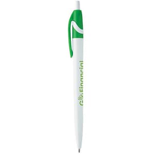 A plastic pen in white and green with a clip and a branding logo.