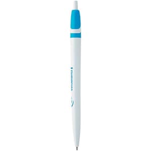 A white plastic pen with a blue top and a branding logo. It has a smooth, sleek design.