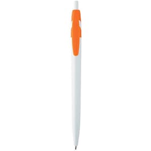 A plastic pen in white with an orange grip, featuring a logo on its body.