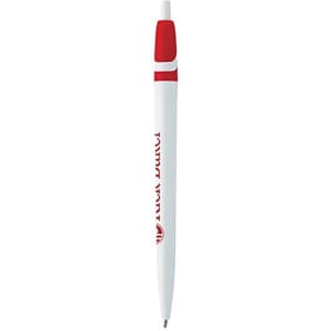 A plastic pen in white with red accents and a logo. It features a click mechanism for writing.