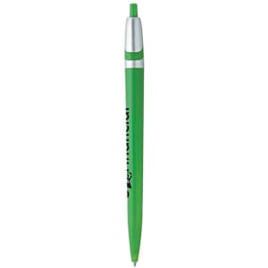 A green plastic pen with a silver clip and tip, featuring a logo on its body.