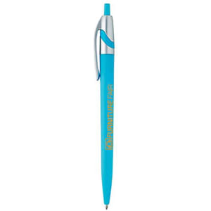 A plastic pen in bright blue with a silver clip and a branding logo.
