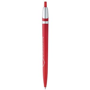 A red plastic pen with a silver clip and tip. It features a branding logo.