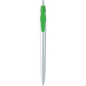 A metal pen with a silver body and a green grip. It features a branding logo on the barrel.