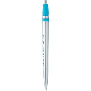 A metal pen with a silver body and a light blue grip, featuring a logo.