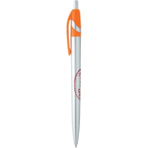A metal pen with a silver body and orange accents, featuring a clip and a logo.