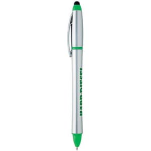 A silver stylus highlighter pen combo with green accents and a logo.