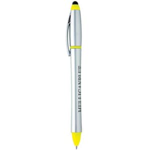 A silver stylus highlighter pen combo featuring yellow accents and a branding logo.