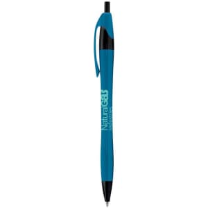 A metallic curved pen in vibrant blue with a black tip, featuring a logo on its body.