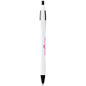A curved pen in white with black accents, featuring a logo on its body.